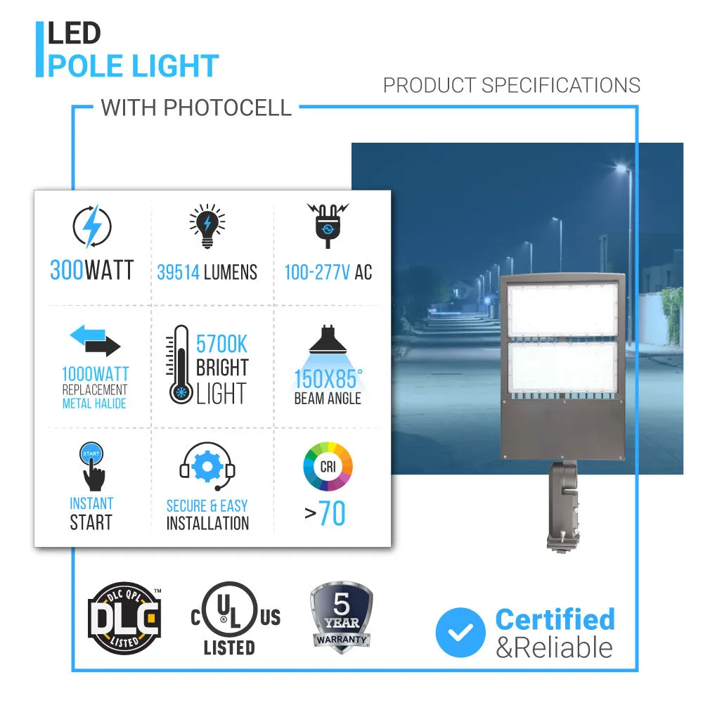 LED Pole Light with Dusk to Dawn Photocell, 300W/240W/200W Wattage Adjustable, 5700K, 133 LM/W, Universal Mount (Adjustable Slip Fitter   Wall Mount), Gray, IP65 Waterproof, AC120-277V, LED Parking Lot Lights - Outdoor Commercial Area Street Lighting