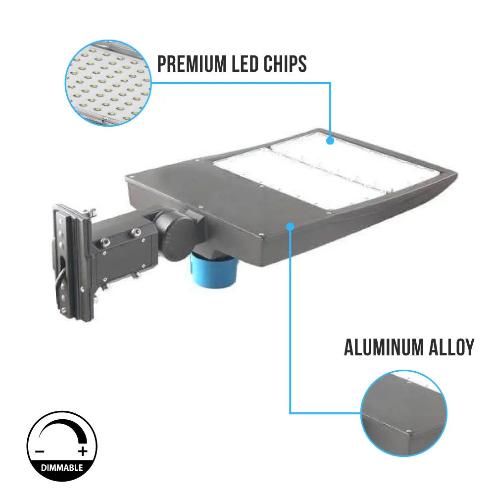 LED Pole Light with Dusk to Dawn Photocell, 300W/240W/200W Wattage Adjustable, 5700K, 133 LM/W, Universal Mount (Adjustable Slip Fitter   Wall Mount), Gray, IP65 Waterproof, AC120-277V, LED Parking Lot Lights - Outdoor Commercial Area Street Lighting