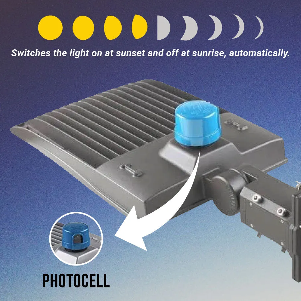 LED Pole Light with Dusk to Dawn Photocell, 300W/240W/200W Wattage Adjustable, 5700K, 133 LM/W, Universal Mount (Adjustable Slip Fitter   Wall Mount), Gray, IP65 Waterproof, AC120-277V, LED Parking Lot Lights - Outdoor Commercial Area Street Lighting