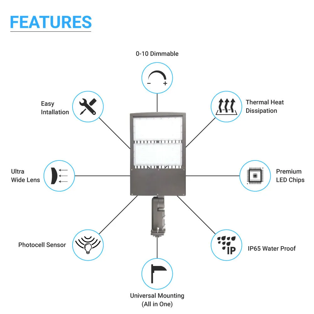 LED Pole Light with Dusk to Dawn Photocell, 300W/240W/200W Wattage Adjustable, 5700K, 133 LM/W, Universal Mount (Adjustable Slip Fitter   Wall Mount), Gray, IP65 Waterproof, AC120-277V, LED Parking Lot Lights - Outdoor Commercial Area Street Lighting