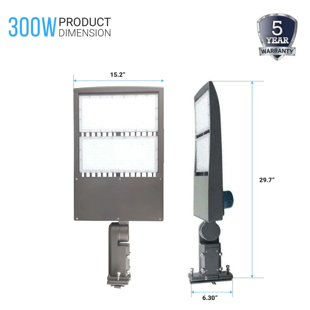 LED Pole Light with Dusk to Dawn Photocell, 300W/240W/200W Wattage Adjustable, 5700K, 133 LM/W, Universal Mount (Adjustable Slip Fitter   Wall Mount), Gray, IP65 Waterproof, AC120-277V, LED Parking Lot Lights - Outdoor Commercial Area Street Lighting