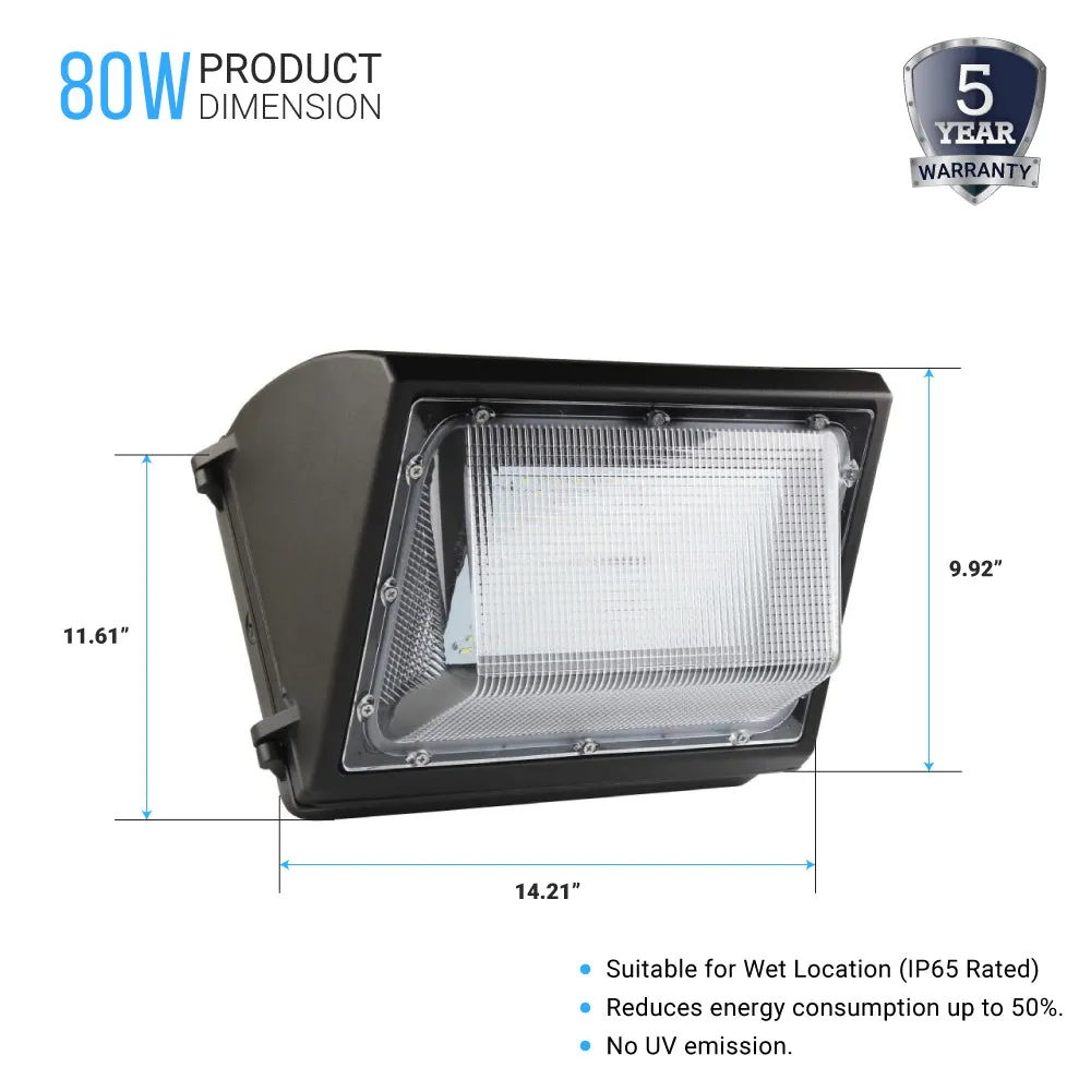 LED Wall Pack Light without Photocell 80W 5700K Forward Throw, IP65 Waterproof, 10400LM, UL, DLC Certified, Outdoor Commercial Security Light, For Porch Garage Warehouse Security Flood Lighting