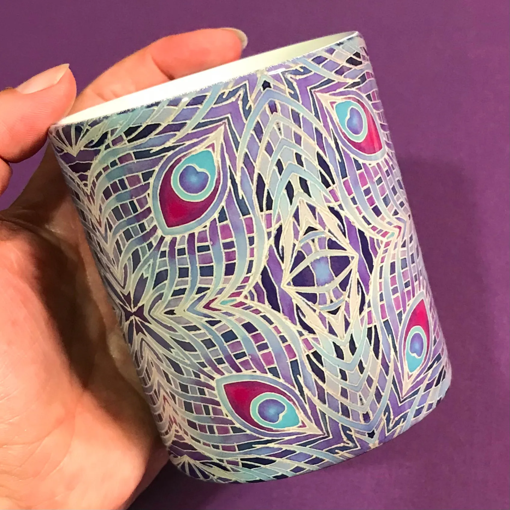 Lilac Grey Peacock Feather Kaleidoscope Mug and Coaster Gift