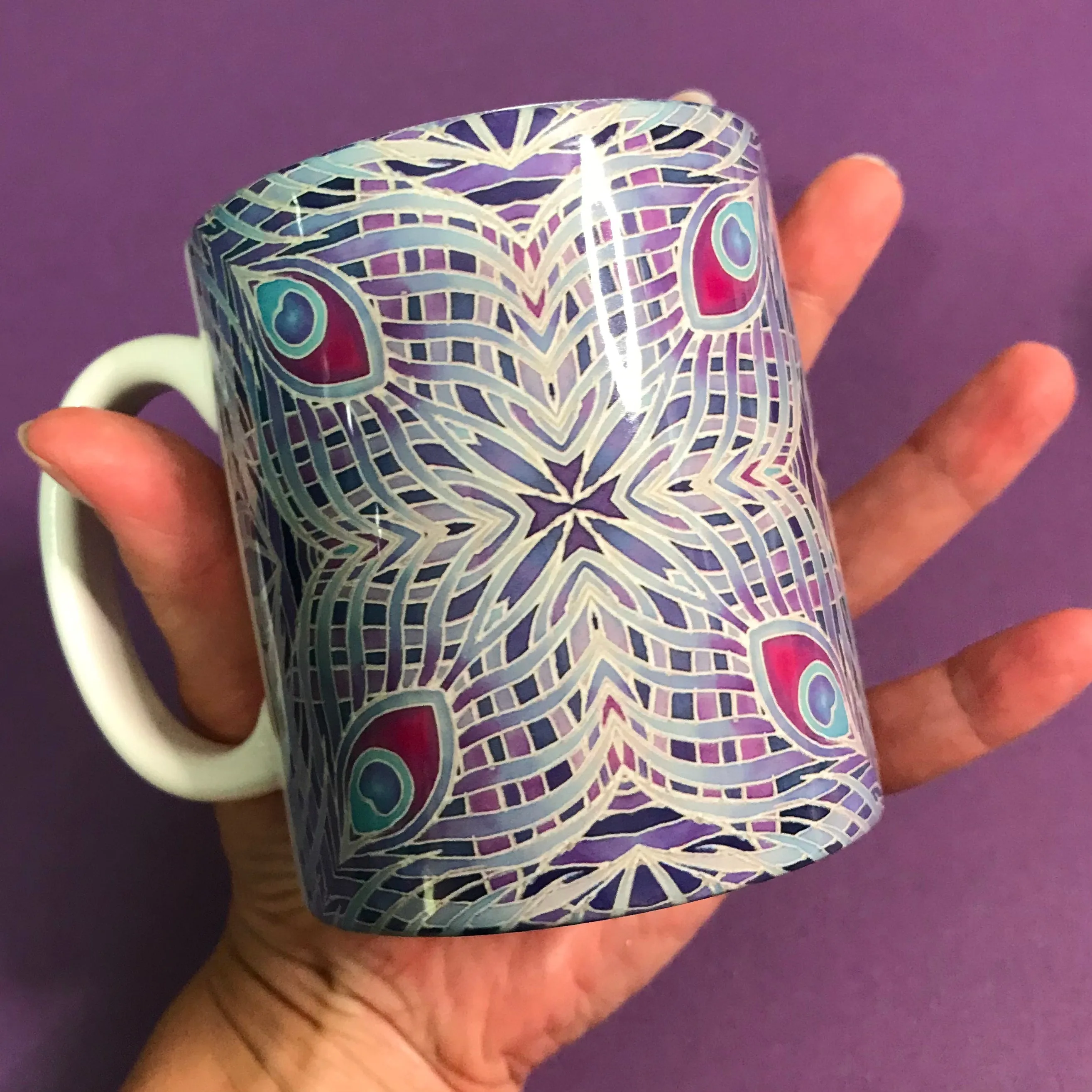 Lilac Grey Peacock Feather Kaleidoscope Mug and Coaster Gift