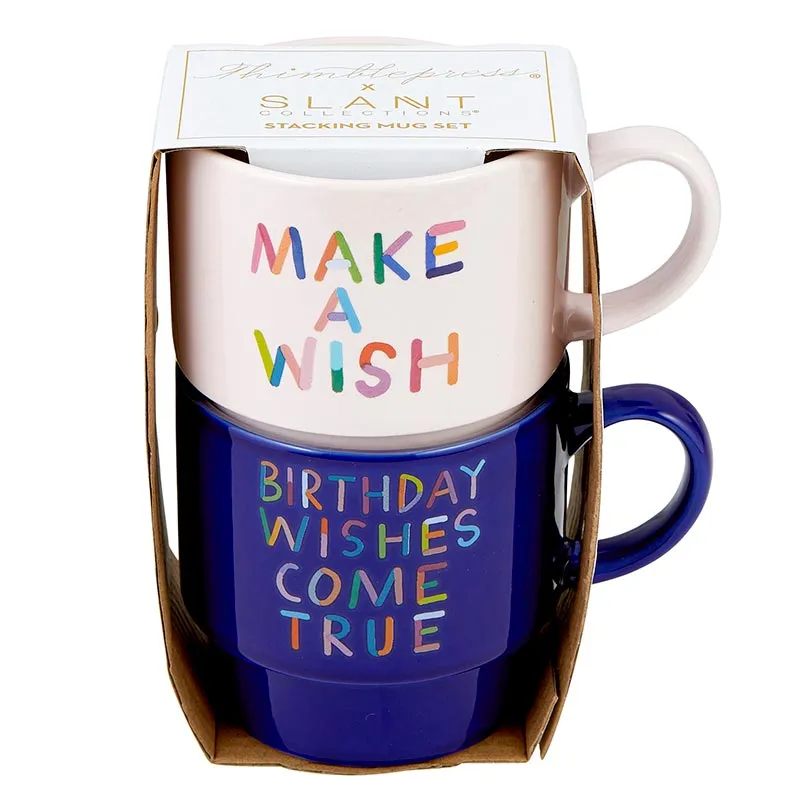 Make A Wish Birthday Stackable Ceramic Coffee/Tea Mugs | Set of 2 | Gift for Her