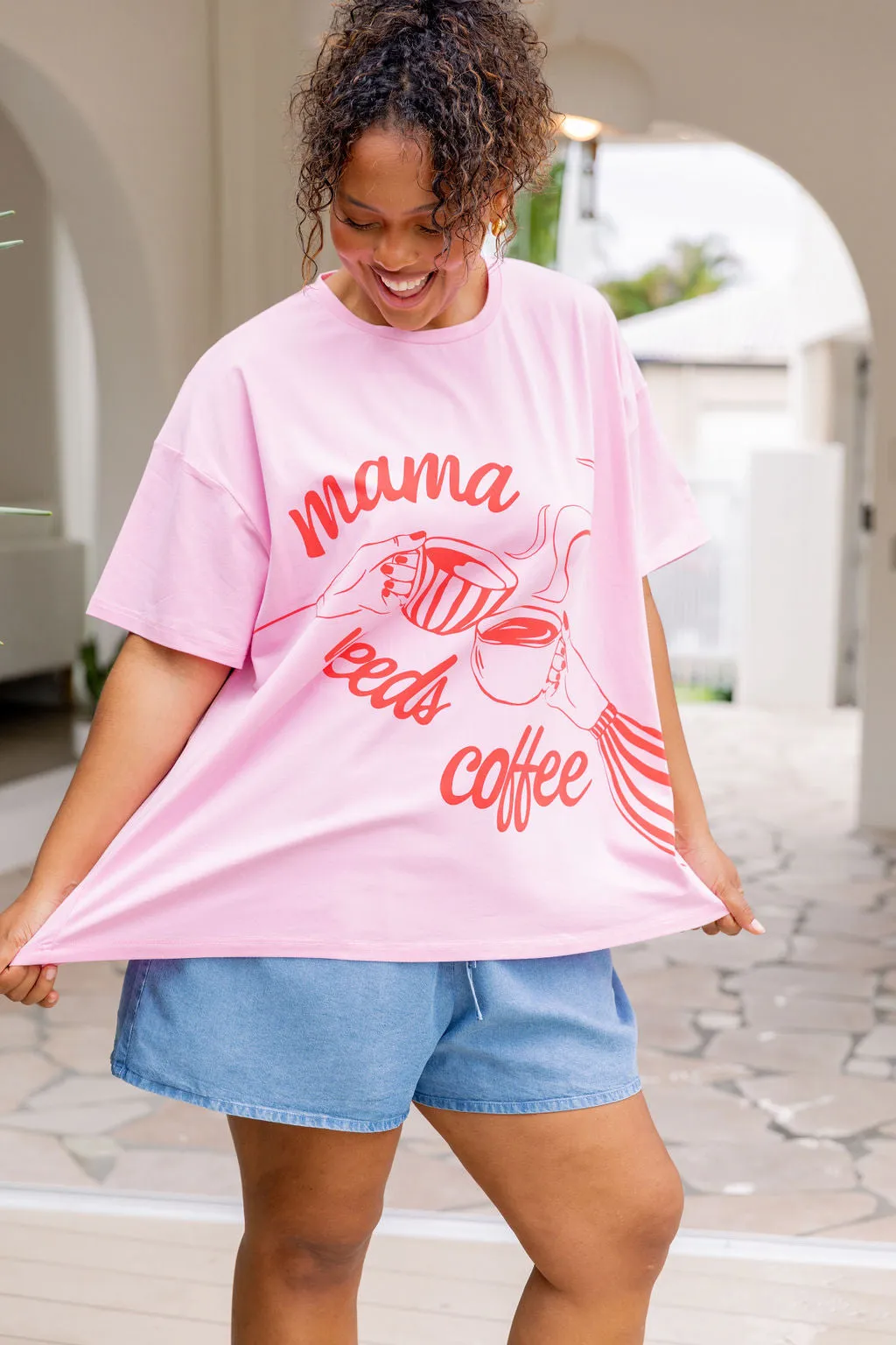 Mamma Needs Coffee Tee in Sherbet