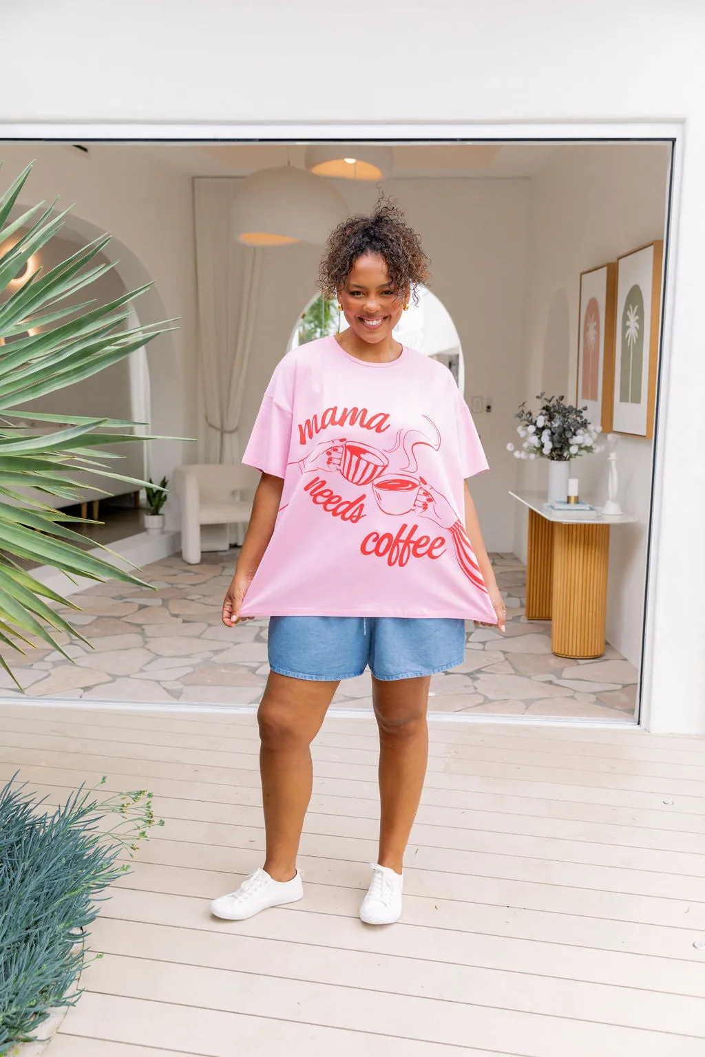 Mamma Needs Coffee Tee in Sherbet