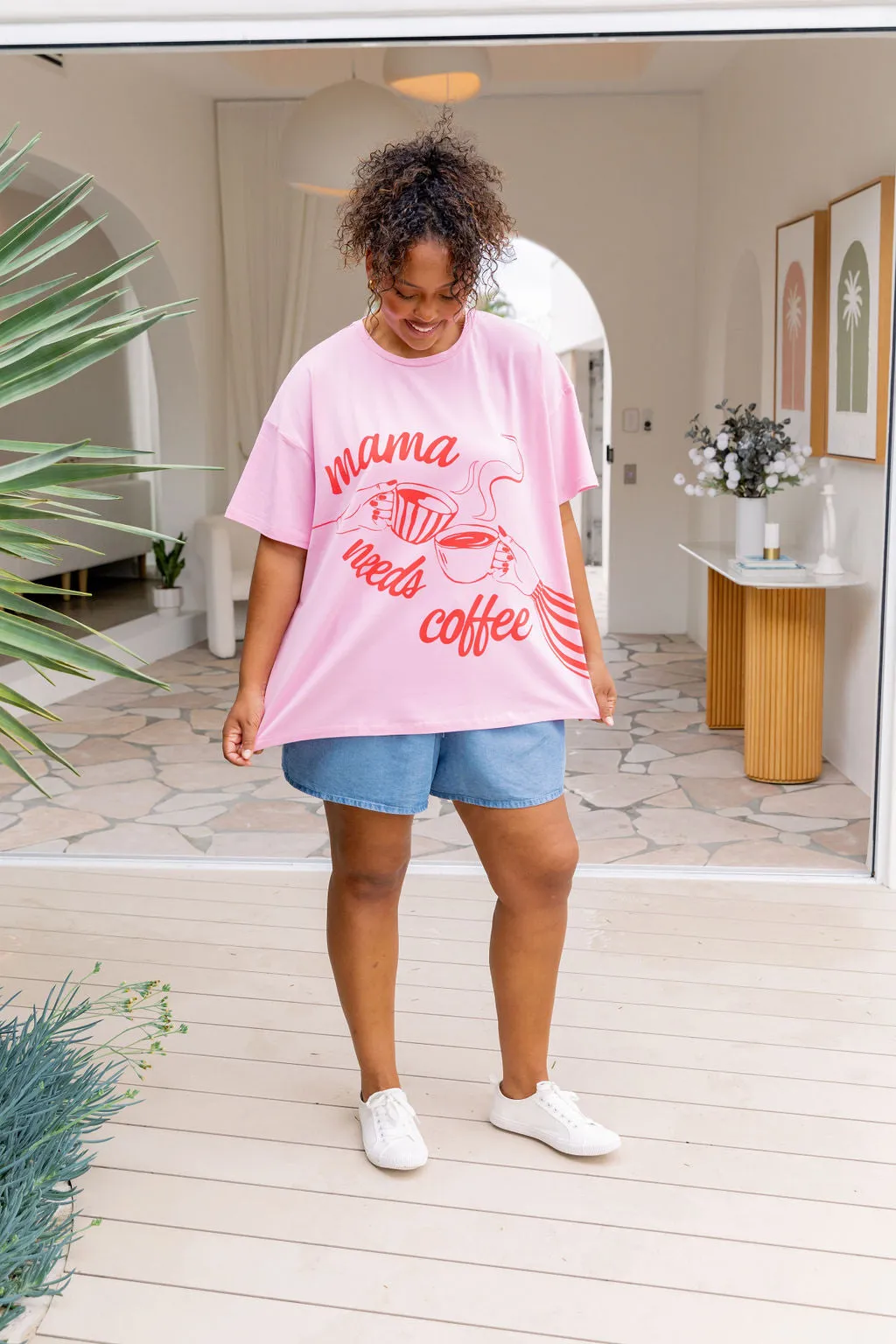 Mamma Needs Coffee Tee in Sherbet