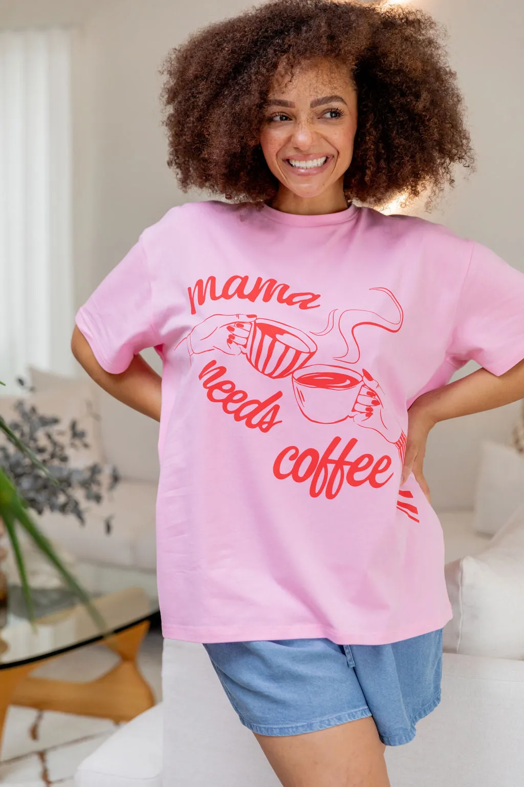 Mamma Needs Coffee Tee in Sherbet