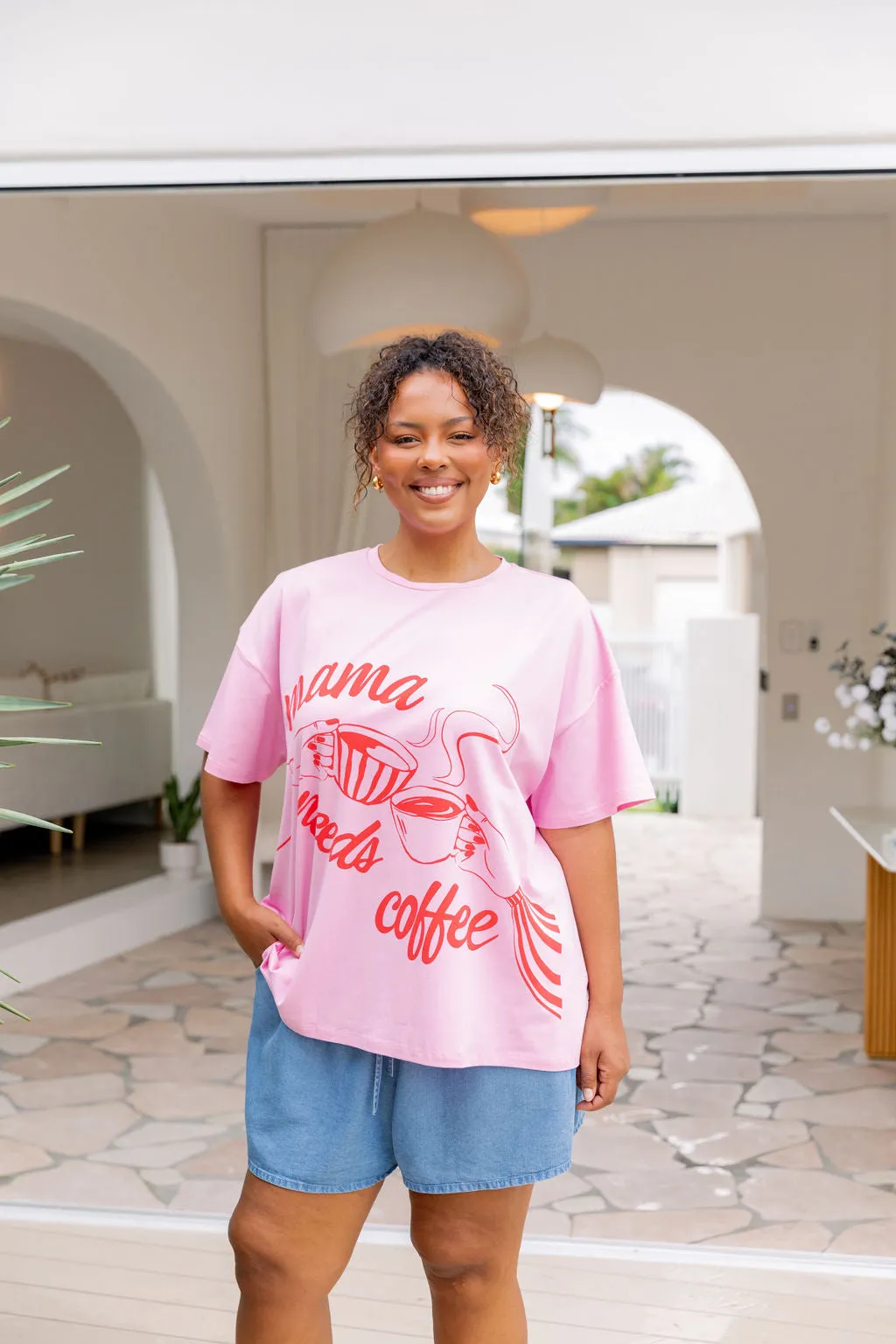 Mamma Needs Coffee Tee in Sherbet