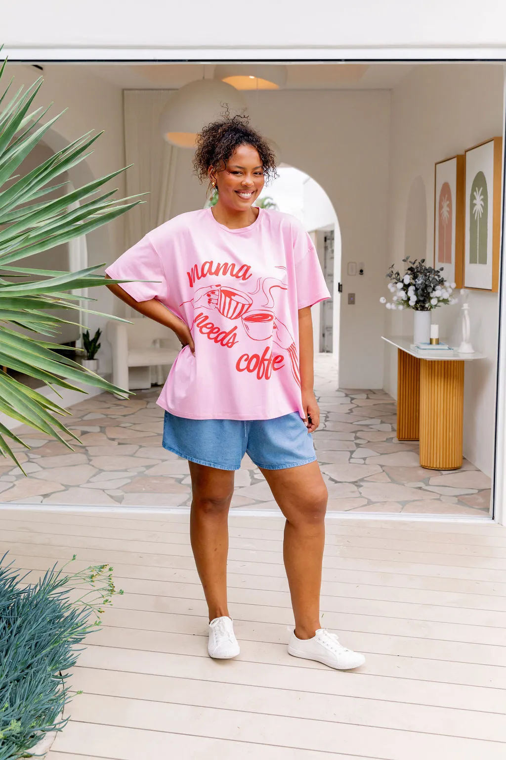 Mamma Needs Coffee Tee in Sherbet