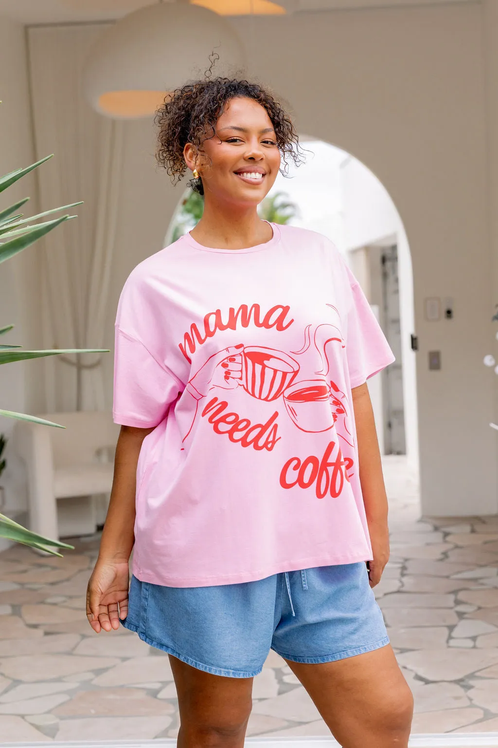 Mamma Needs Coffee Tee in Sherbet