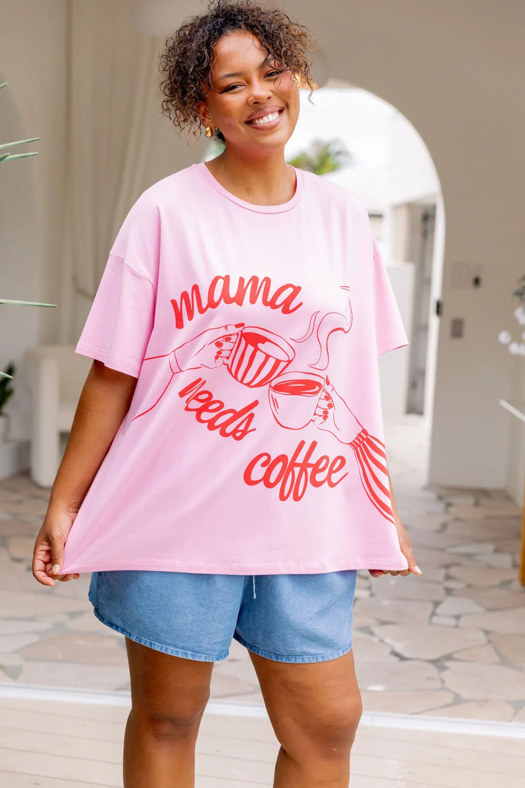 Mamma Needs Coffee Tee in Sherbet