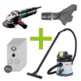 Metabo 4 1/2" (115mm) Angle Grinder, MAXVAC Dust Shroud & DV20-MB Vacuum Complete Package, Pre-Installed