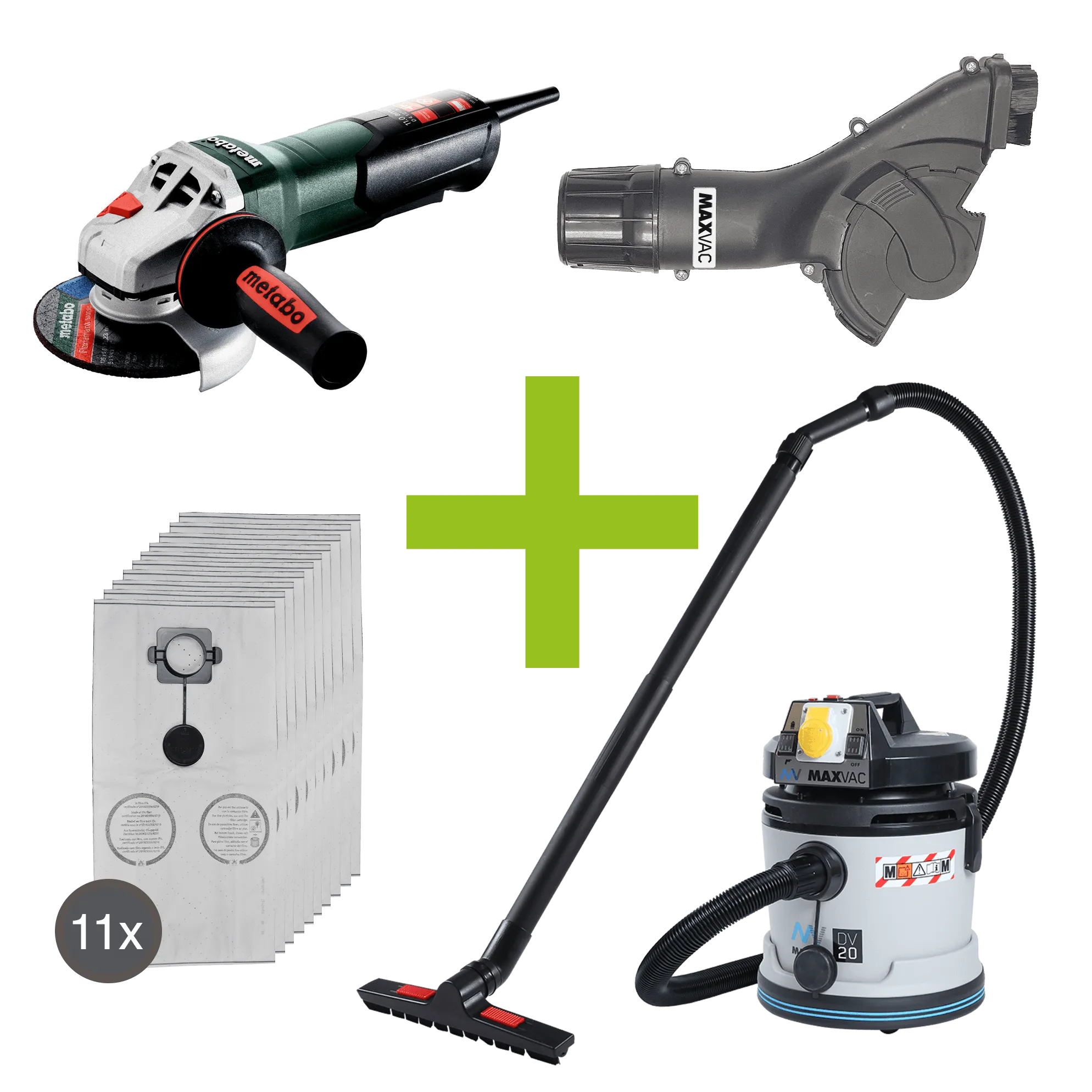 Metabo 4 1/2" (115mm) Angle Grinder, MAXVAC Dust Shroud & DV20-MB Vacuum Complete Package, Pre-Installed