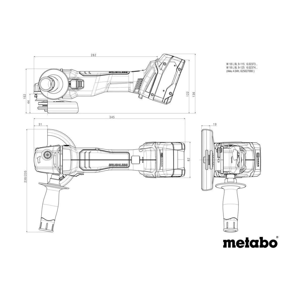 Metabo Cordless Angle Grinder Brushless 115mm W 18 L BL 9-115 18V Body Only