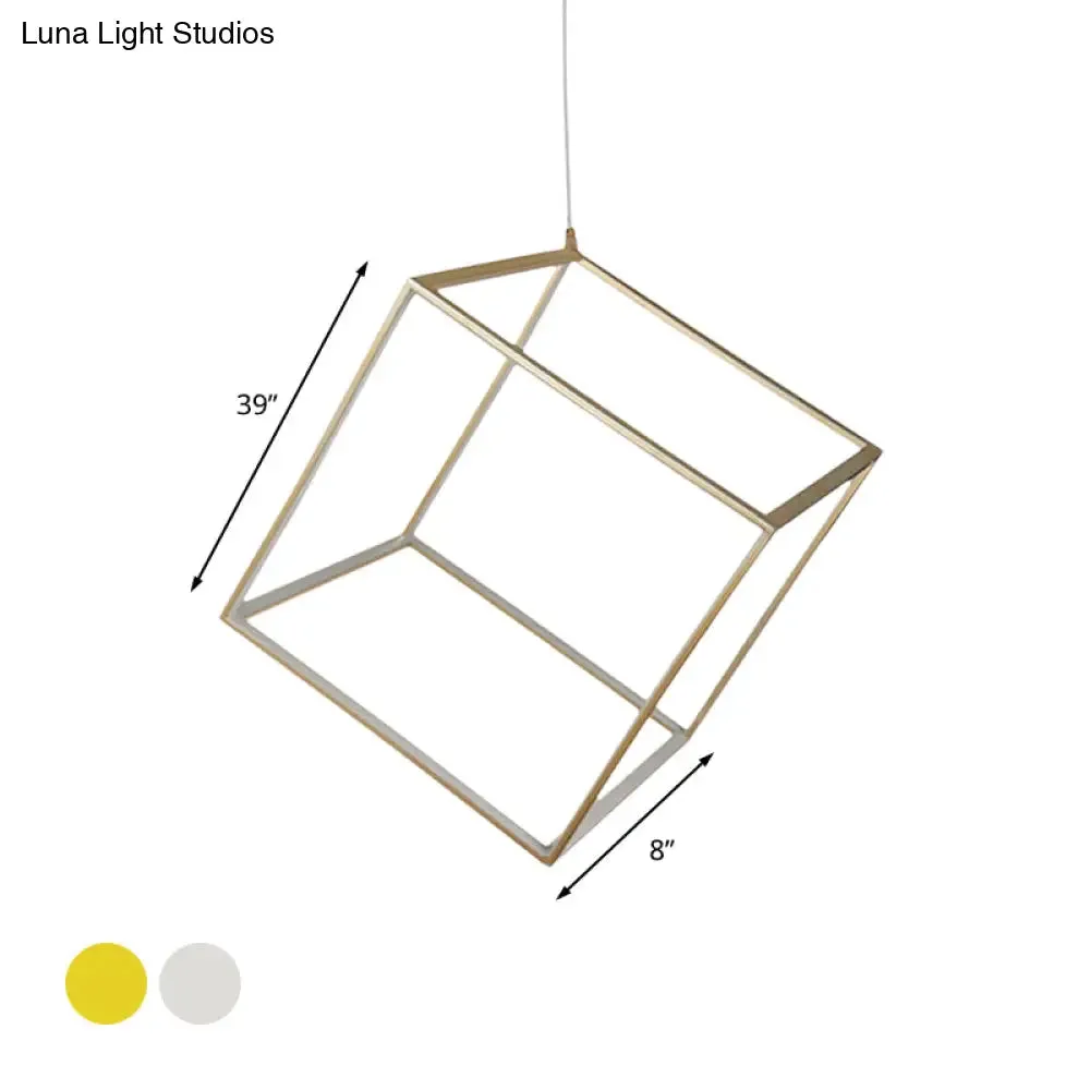 Minimalist Aluminum Cubic Frame Chandelier: Gold/Silver LED Hanging Ceiling Light for Living Room - Warm/White Light