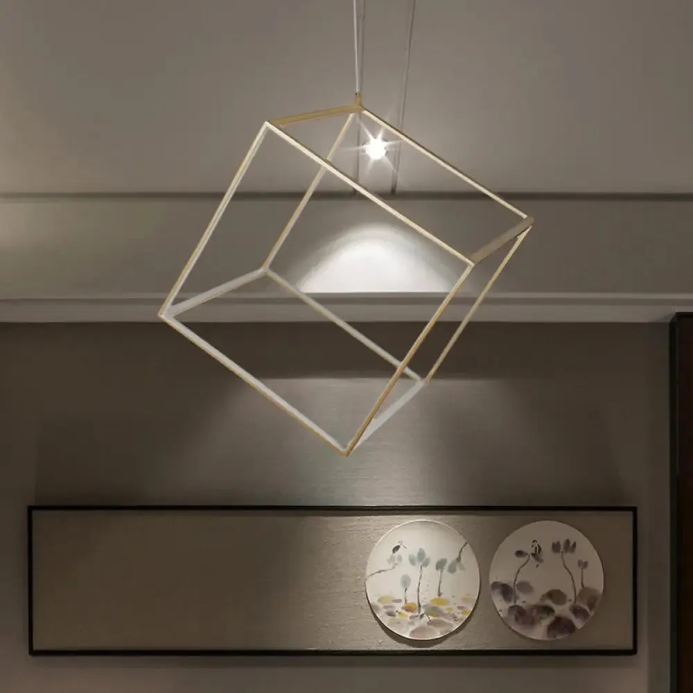 Minimalist Aluminum Cubic Frame Chandelier: Gold/Silver LED Hanging Ceiling Light for Living Room - Warm/White Light