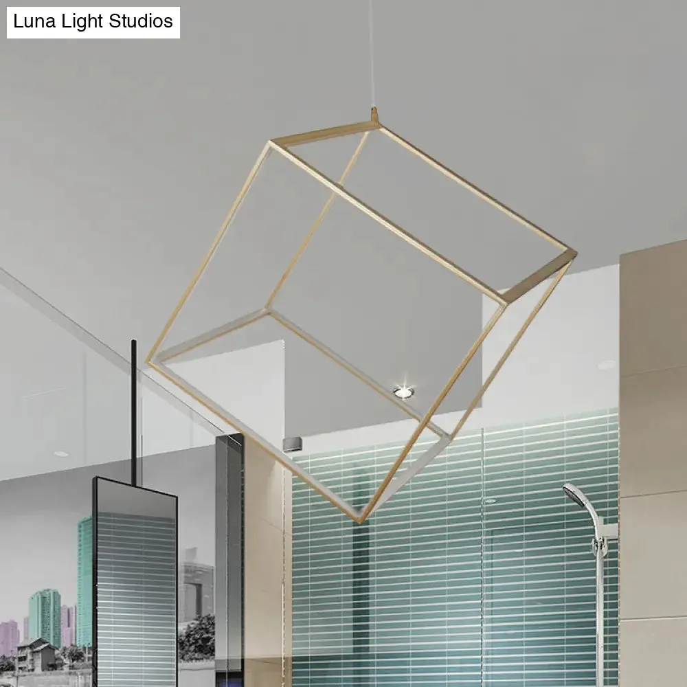 Minimalist Aluminum Cubic Frame Chandelier: Gold/Silver LED Hanging Ceiling Light for Living Room - Warm/White Light