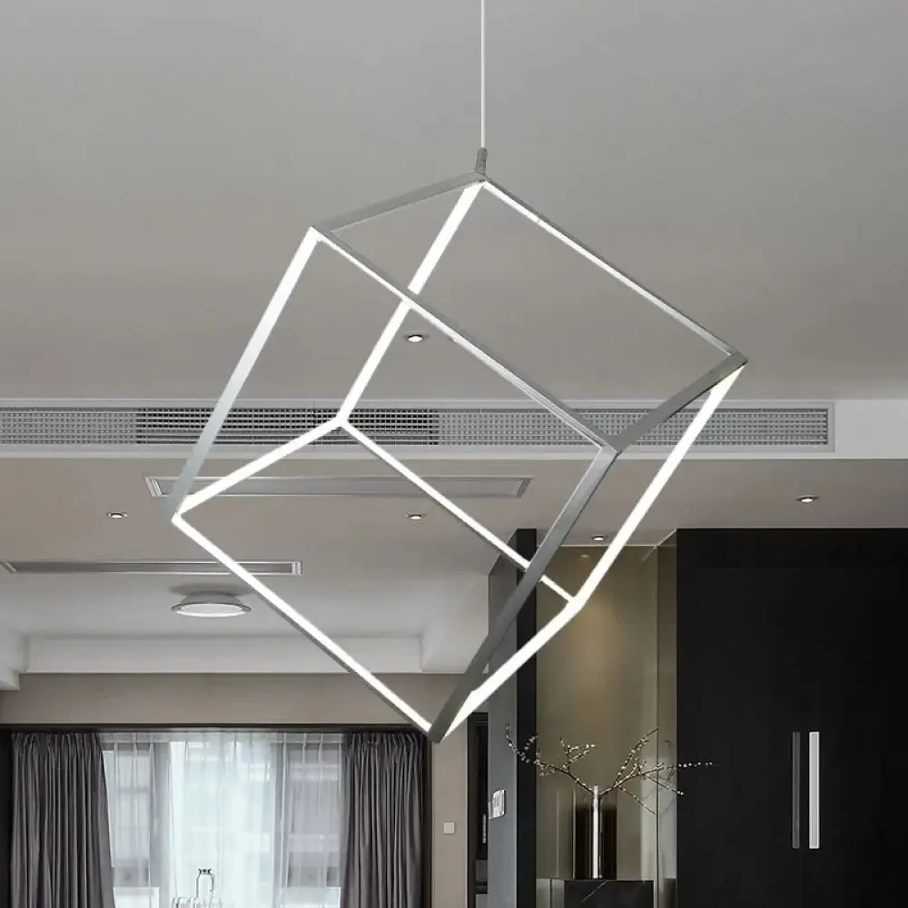 Minimalist Aluminum Cubic Frame Chandelier: Gold/Silver LED Hanging Ceiling Light for Living Room - Warm/White Light