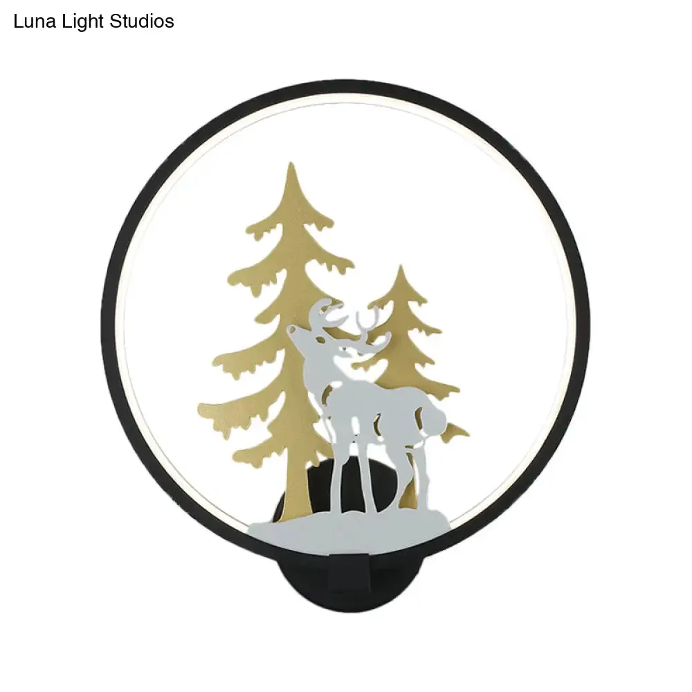 Minimalist LED Metal Wall Light Fixture with Black/White Deer and Tree Mural - Warm/White Lighting