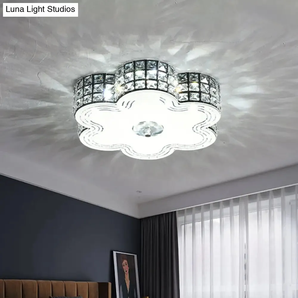 Modern LED Flush Mount Light with Square-Cut Crystals and Floral Design, 15.5"/19.5" Width