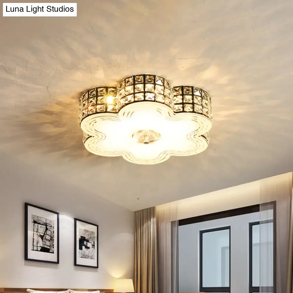 Modern LED Flush Mount Light with Square-Cut Crystals and Floral Design, 15.5"/19.5" Width