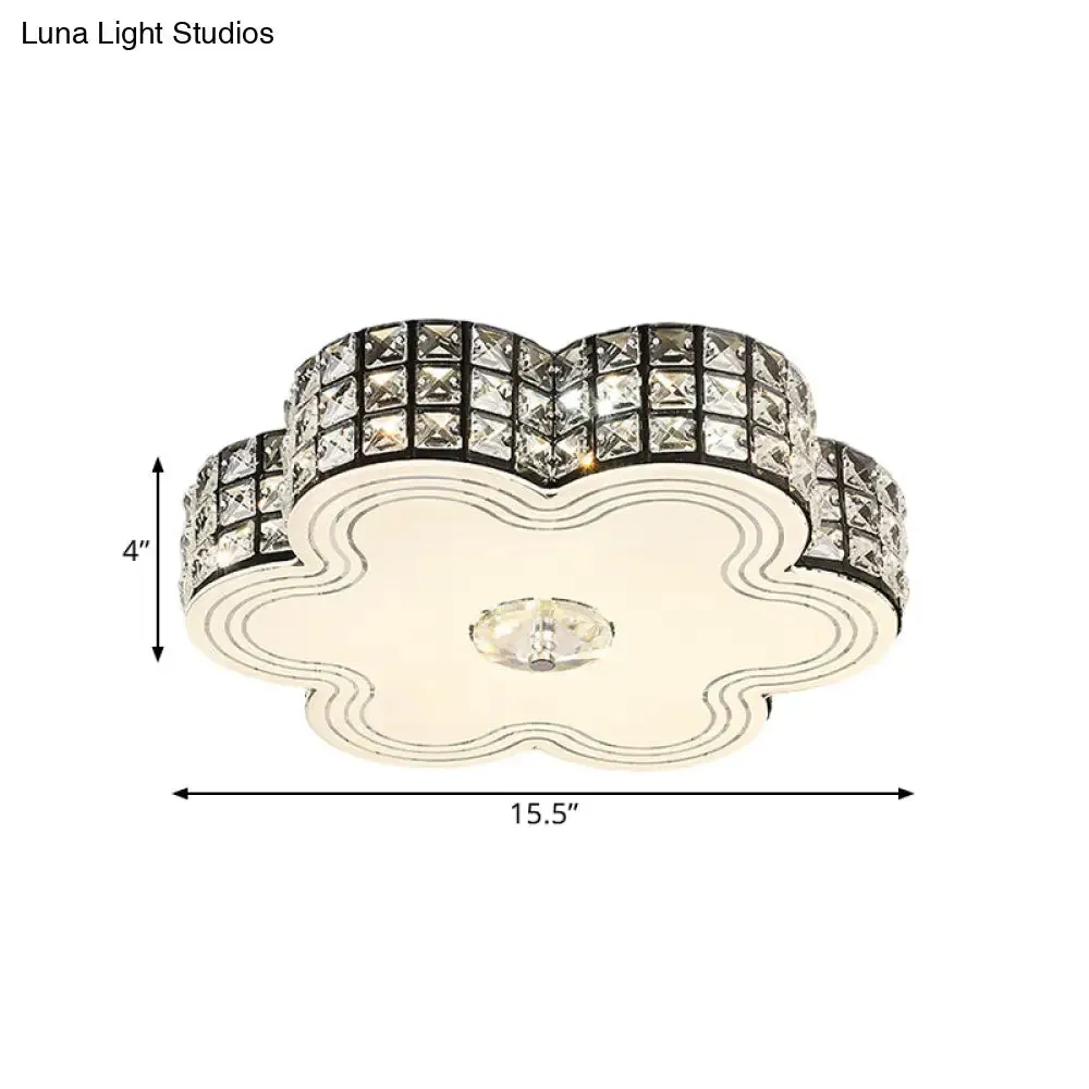 Modern LED Flush Mount Light with Square-Cut Crystals and Floral Design, 15.5"/19.5" Width