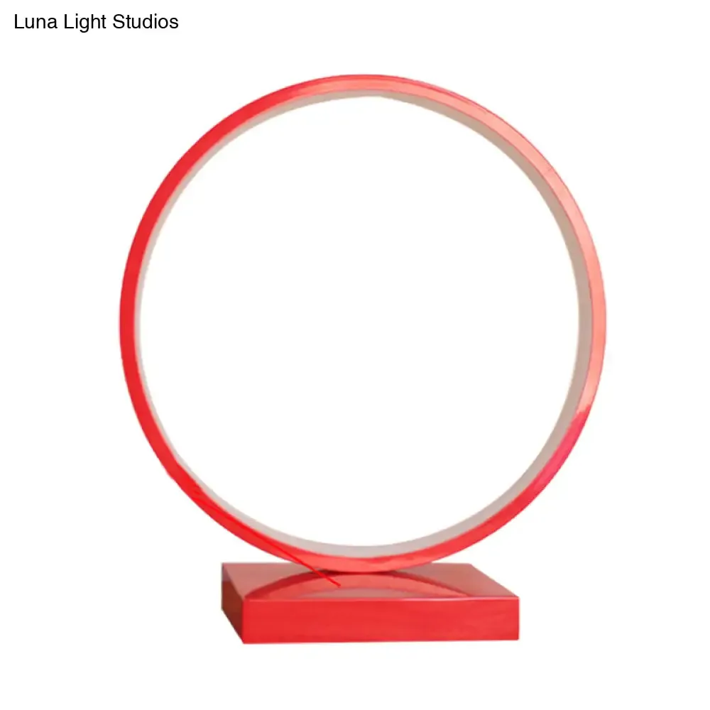 Modern Red/Pink Aluminum Circle Ring Table Light - Plug In LED Nightstand Lamp with Adjustable White/Warm Light