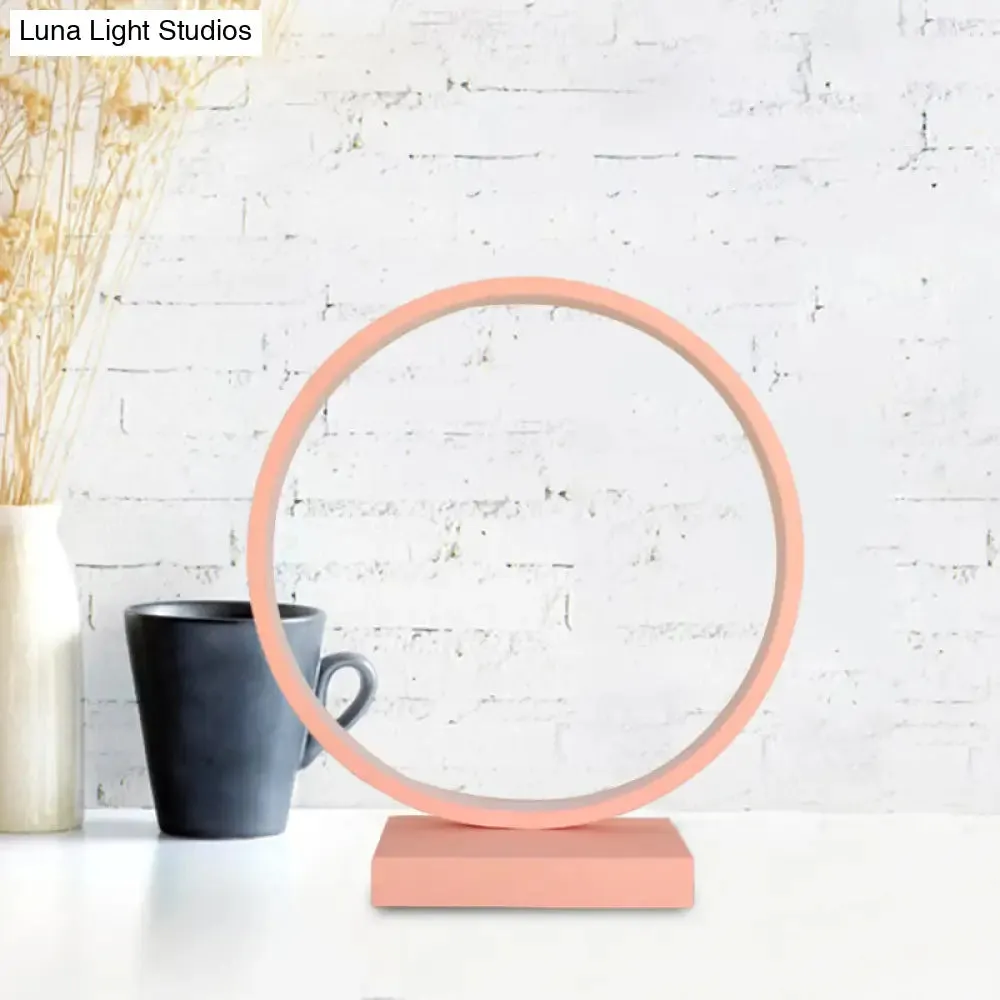 Modern Red/Pink Aluminum Circle Ring Table Light - Plug In LED Nightstand Lamp with Adjustable White/Warm Light