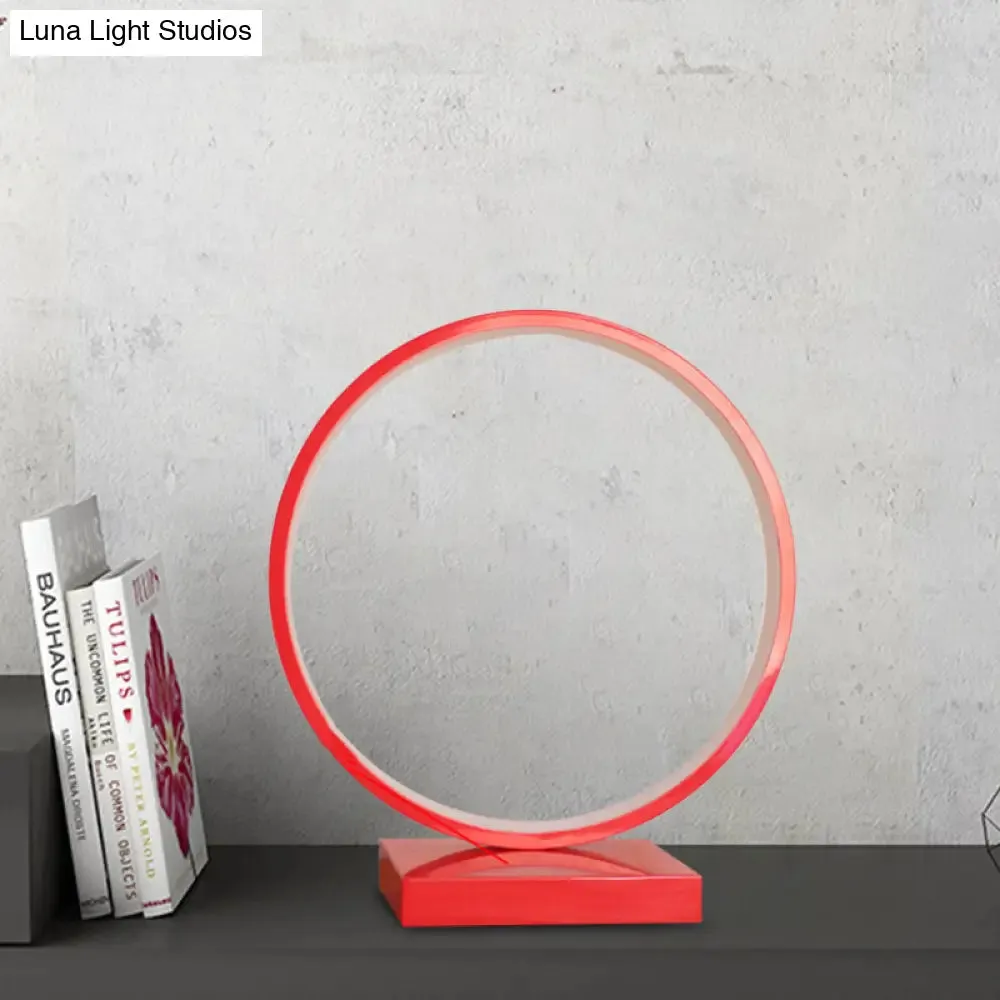 Modern Red/Pink Aluminum Circle Ring Table Light - Plug In LED Nightstand Lamp with Adjustable White/Warm Light