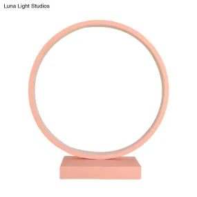 Modern Red/Pink Aluminum Circle Ring Table Light - Plug In LED Nightstand Lamp with Adjustable White/Warm Light