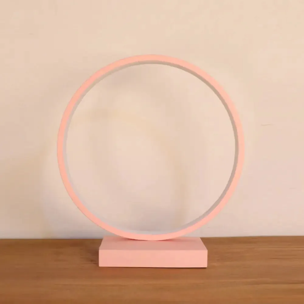 Modern Red/Pink Aluminum Circle Ring Table Light - Plug In LED Nightstand Lamp with Adjustable White/Warm Light