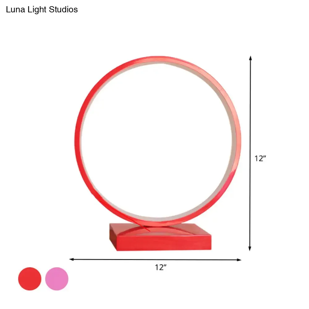 Modern Red/Pink Aluminum Circle Ring Table Light - Plug In LED Nightstand Lamp with Adjustable White/Warm Light