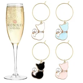 MONNEL Cat Pets Crystal Wine Charms Glass Marker Christmas Gifts for Party with Velvet Bag Set of 4 Color P421