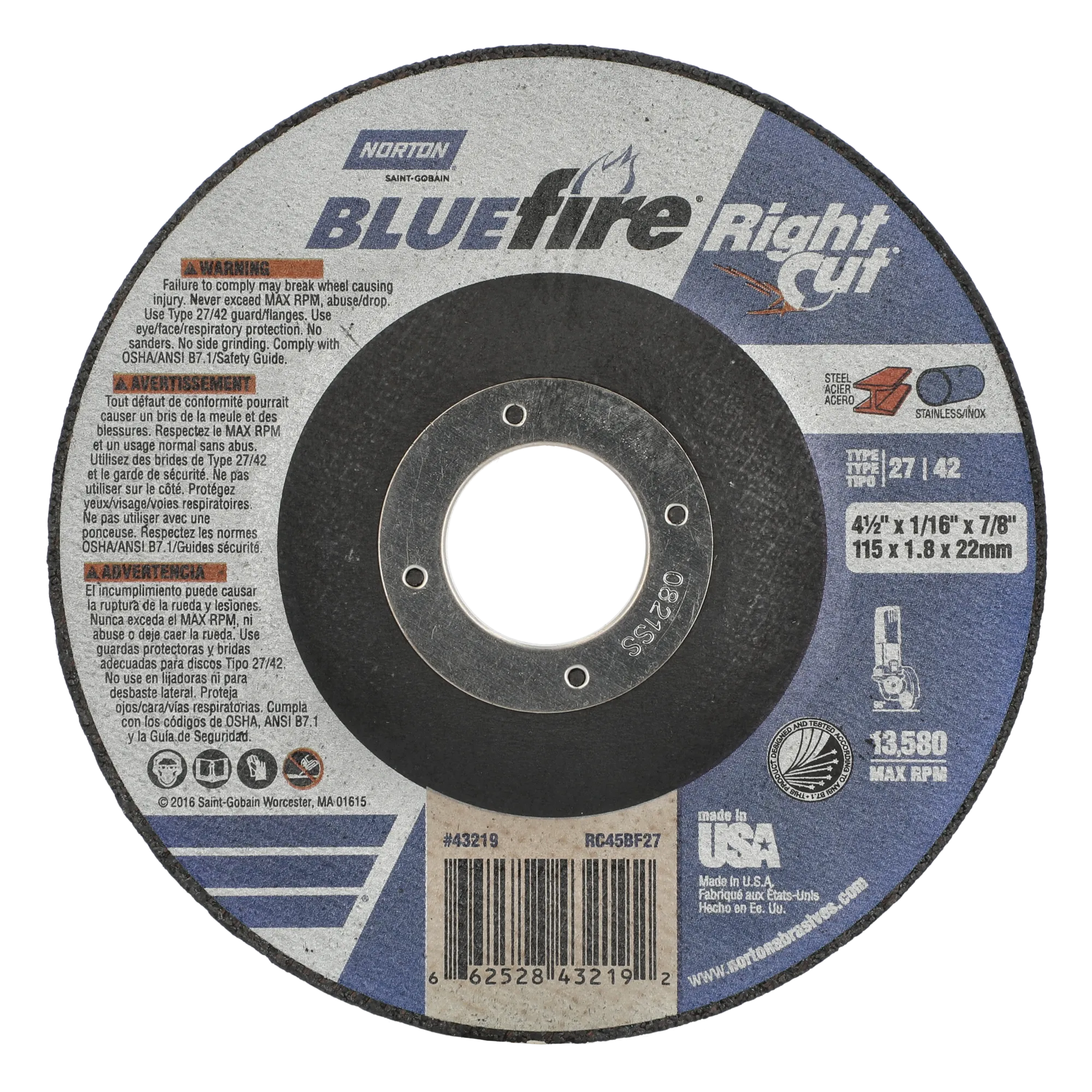 Norton 4-1/2 x 1/16 x 7/8 In. BlueFire RightCut Cutting Wheel 36 R T27/42 25 Count