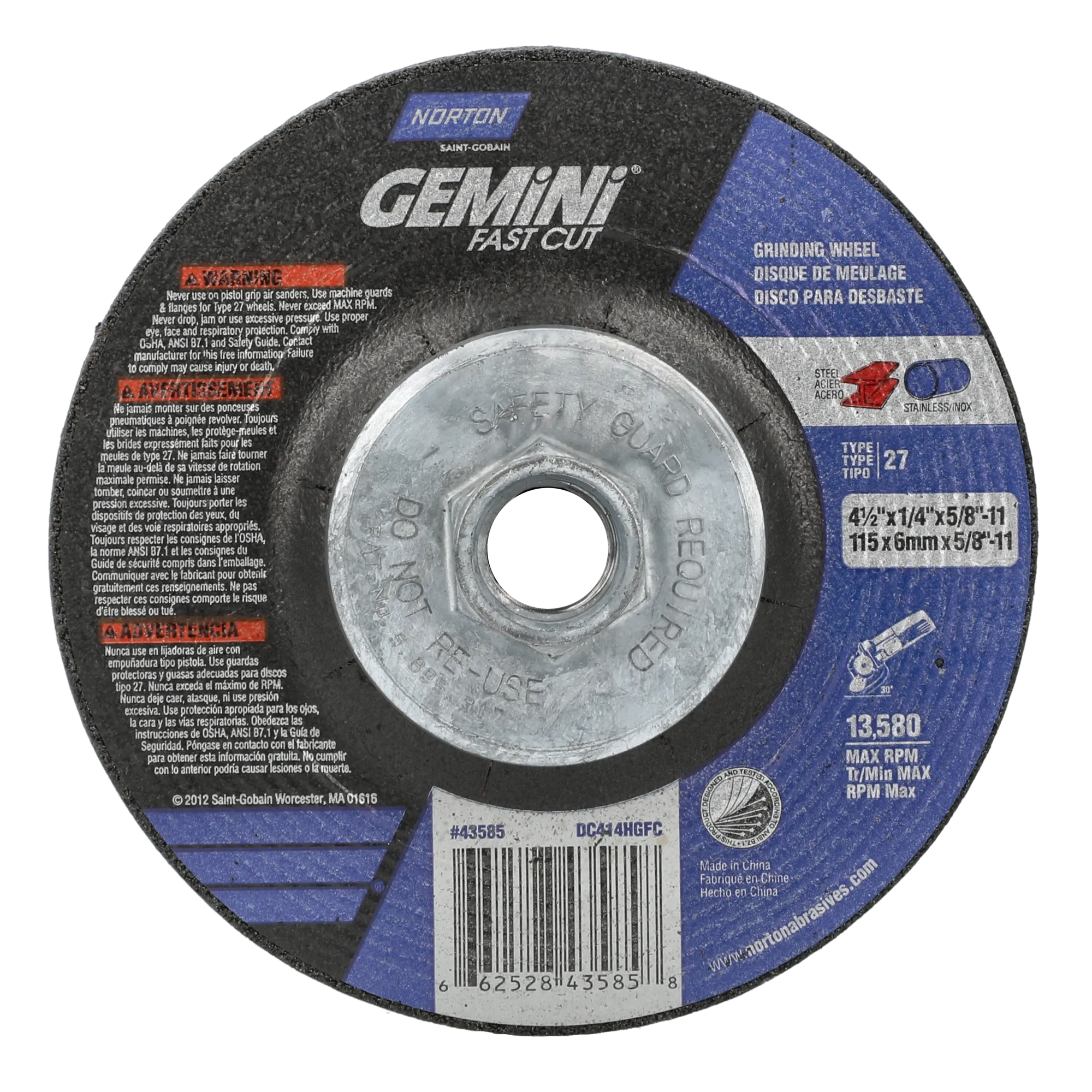 Norton 4-1/2 x 1/4 x 5/8 - 11 In. Gemini FC Grinding Wheel 24 N BDA T27 10 Count