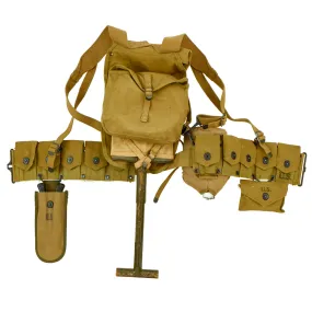 Original U.S. WWII Rifleman Equipment Lot: M-1923 Cartridge Belt, M-1929 Pack, M-1910 E-Tool & Cover, Wire Cutters & Pouch, 1st Aid Pouch & Dressing, Canteen/Cup/Cover