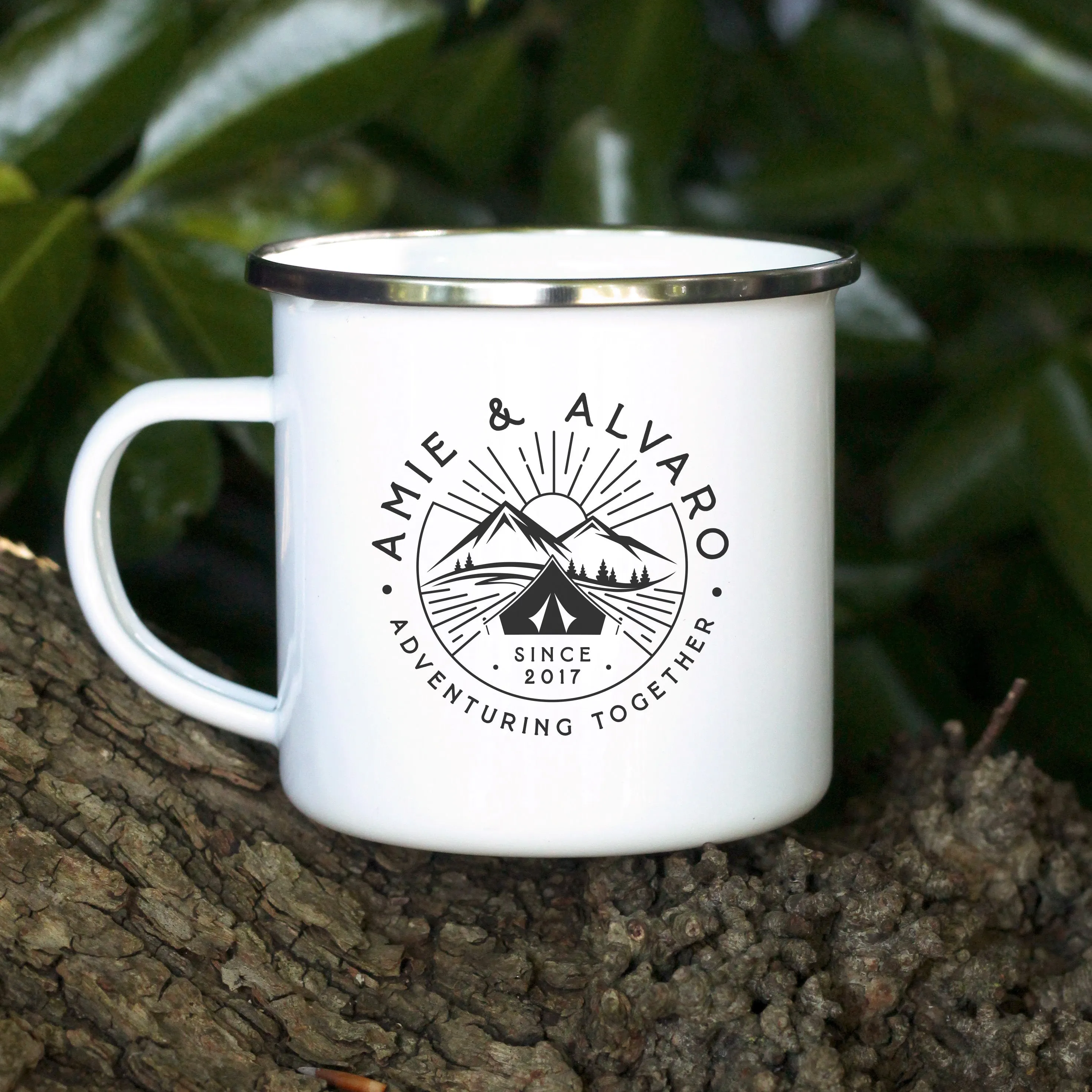 Personalised 'Adventuring Together' Metal Enamel Mug, 13 oz