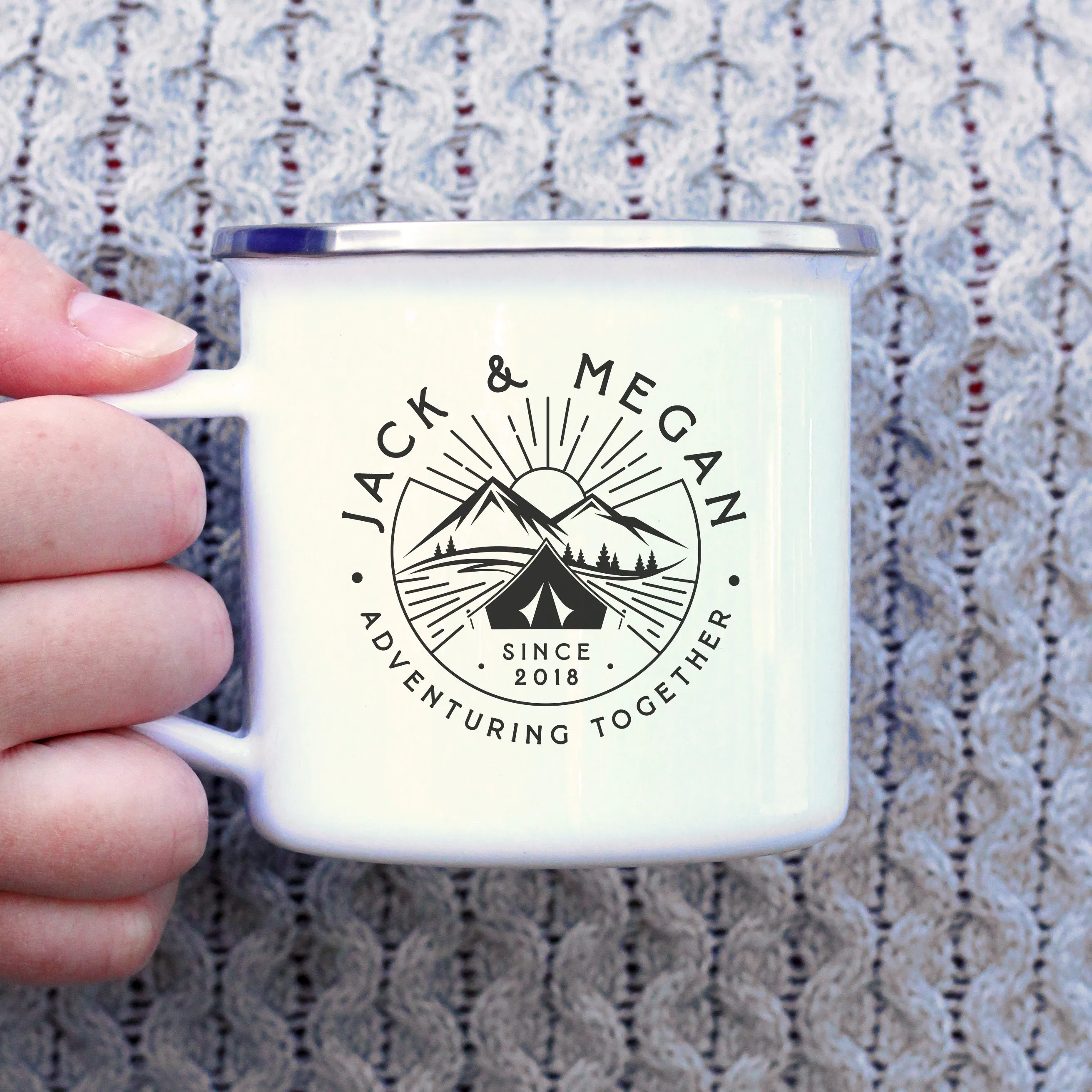 Personalised 'Adventuring Together' Metal Enamel Mug, 13 oz