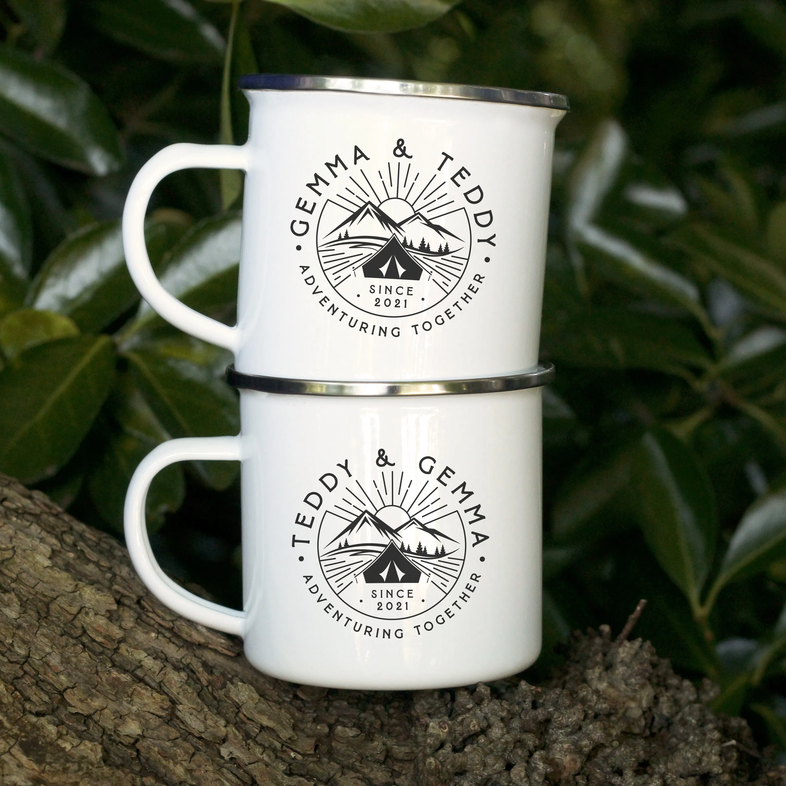 Personalised 'Adventuring Together' Metal Enamel Mug, 13 oz