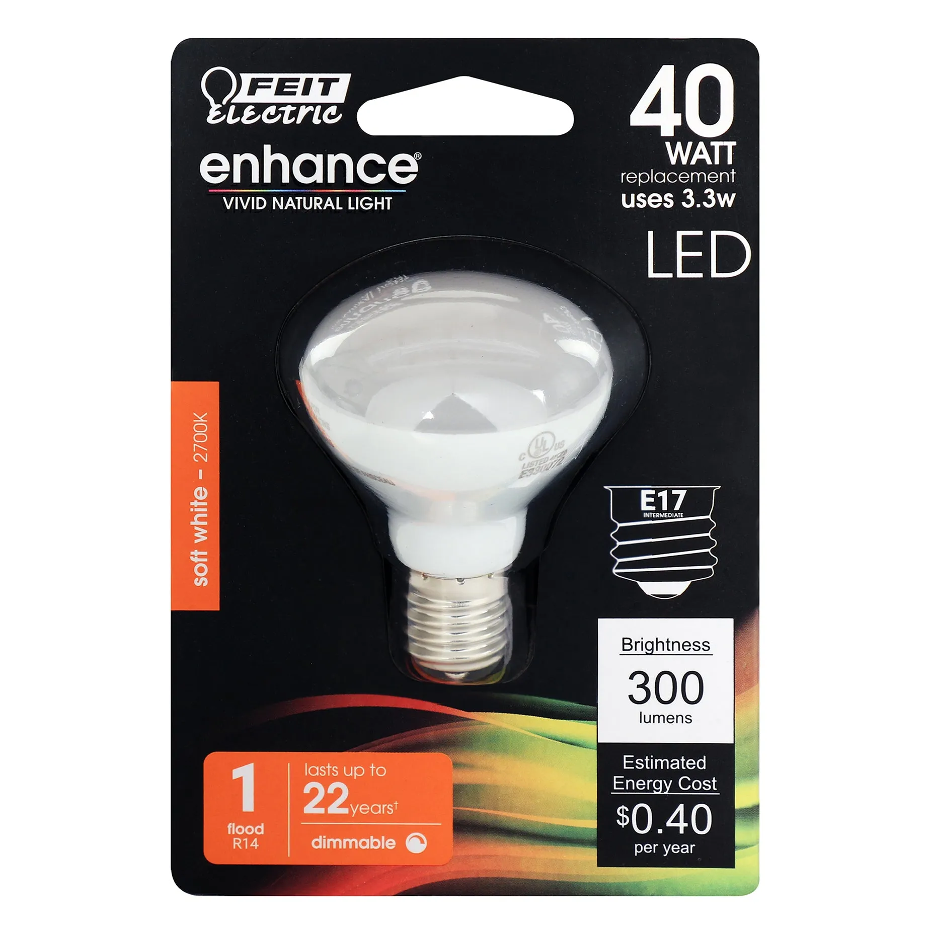 R14 LED Light Bulb, E17, Intermediate Base, Dimmable, Mini Reflector, Track Lighting Bulb, 40W, 300lm, 2700K