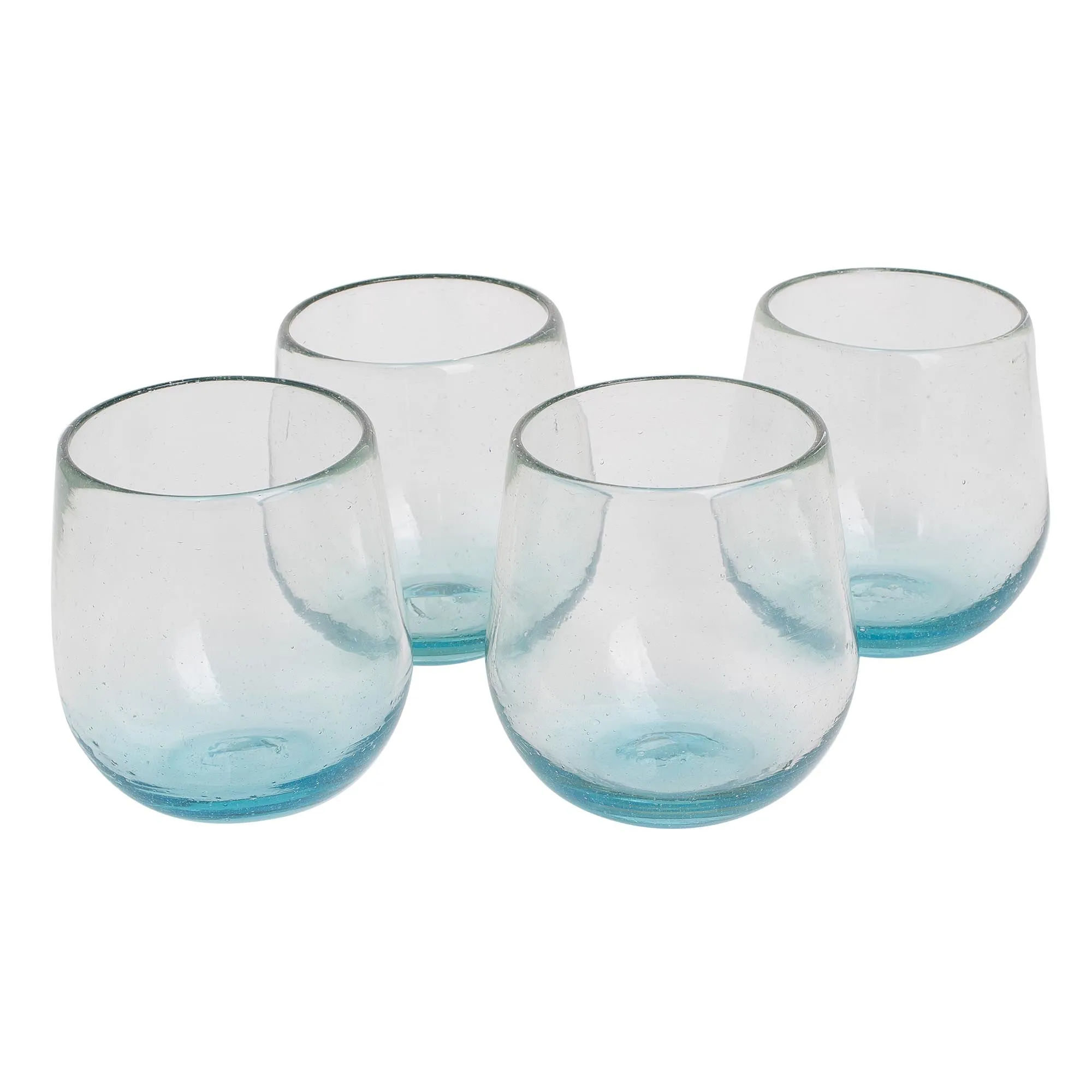 Set of Four Recycled Glass Stemless Wine Glasses in Blue - Glistening Sea | NOVICA