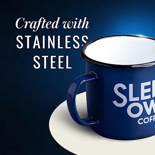 Sleepy Owl Enamel Mugs Unbreakable | 2 x 350 mL Travel Friendly Coffee Mug | Sturdy, Durable and Large Chip Resistant | Not Microwave Safe | Tea, Coffee, Milk, Latte