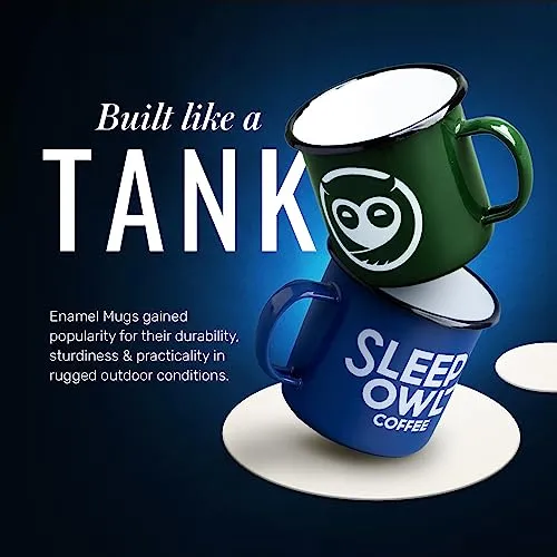 Sleepy Owl Enamel Mugs Unbreakable | 2 x 350 mL Travel Friendly Coffee Mug | Sturdy, Durable and Large Chip Resistant | Not Microwave Safe | Tea, Coffee, Milk, Latte