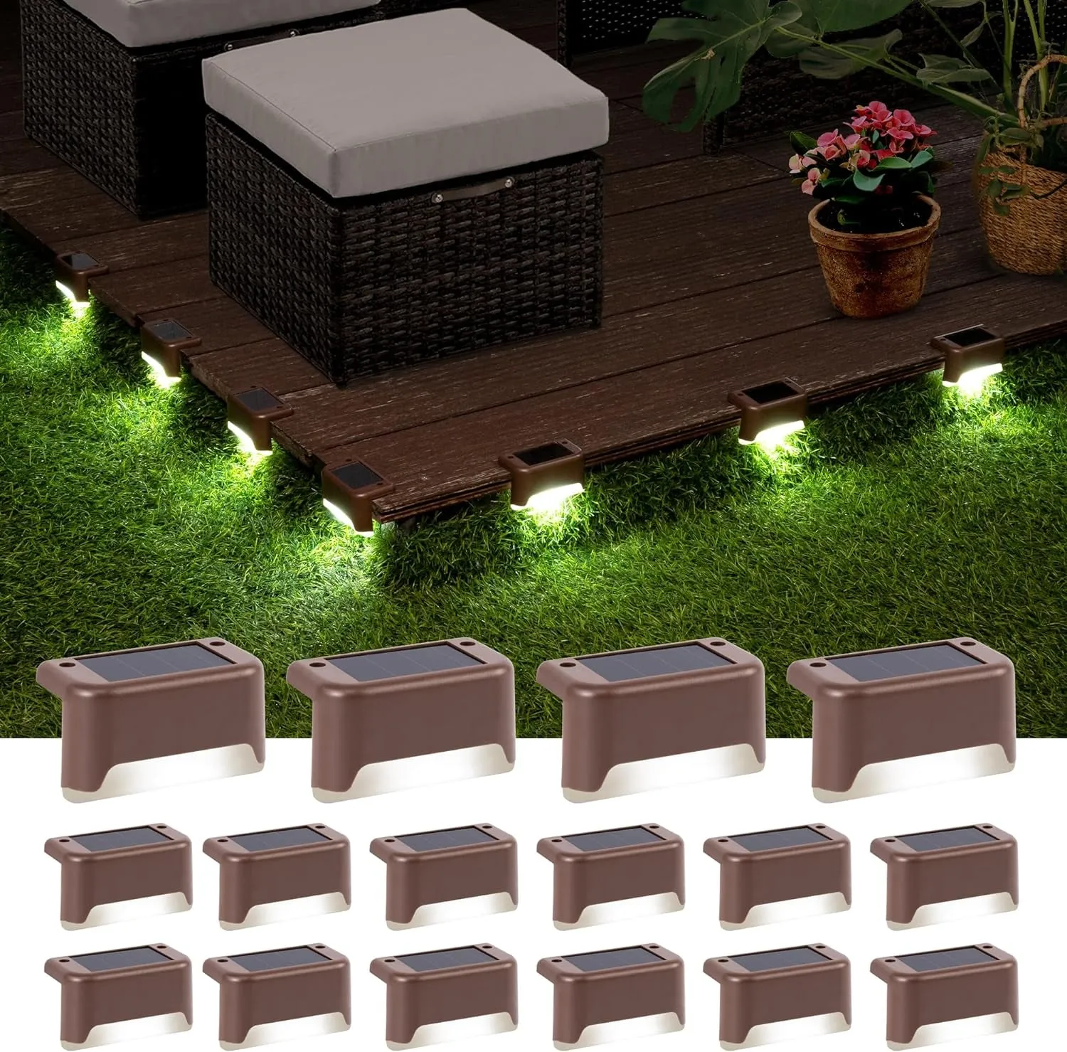 Solar Deck Lights Outdoor, 16 Pack Waterproof LED Solar Lights for Stairs, Step, Fence, Railing, Yard and Patio (Cool White)