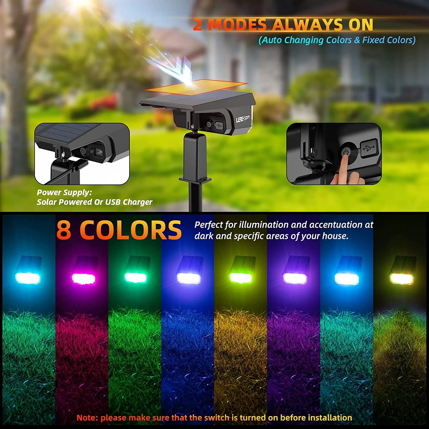 Solar Spotlights Outdoor,40 Leds Color Changing RGB Landscape Path Lights,Usb & Powered Multicoloured Spotlights,14 Colors Auto Cycling for Yard,Garden,2 Pack