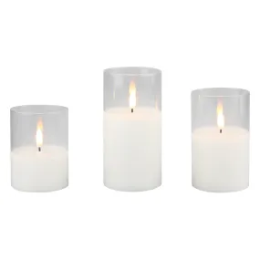 Stonebriar 3 Pack Real Wax Assorted Size Flameless LED Pillar Candles in Clear Glass Hurricane Candle Holder with Remote and Timer (WS)