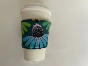 Teal Echinacea Flowers Coffee Cup Cozy, fabric coffee sleeve