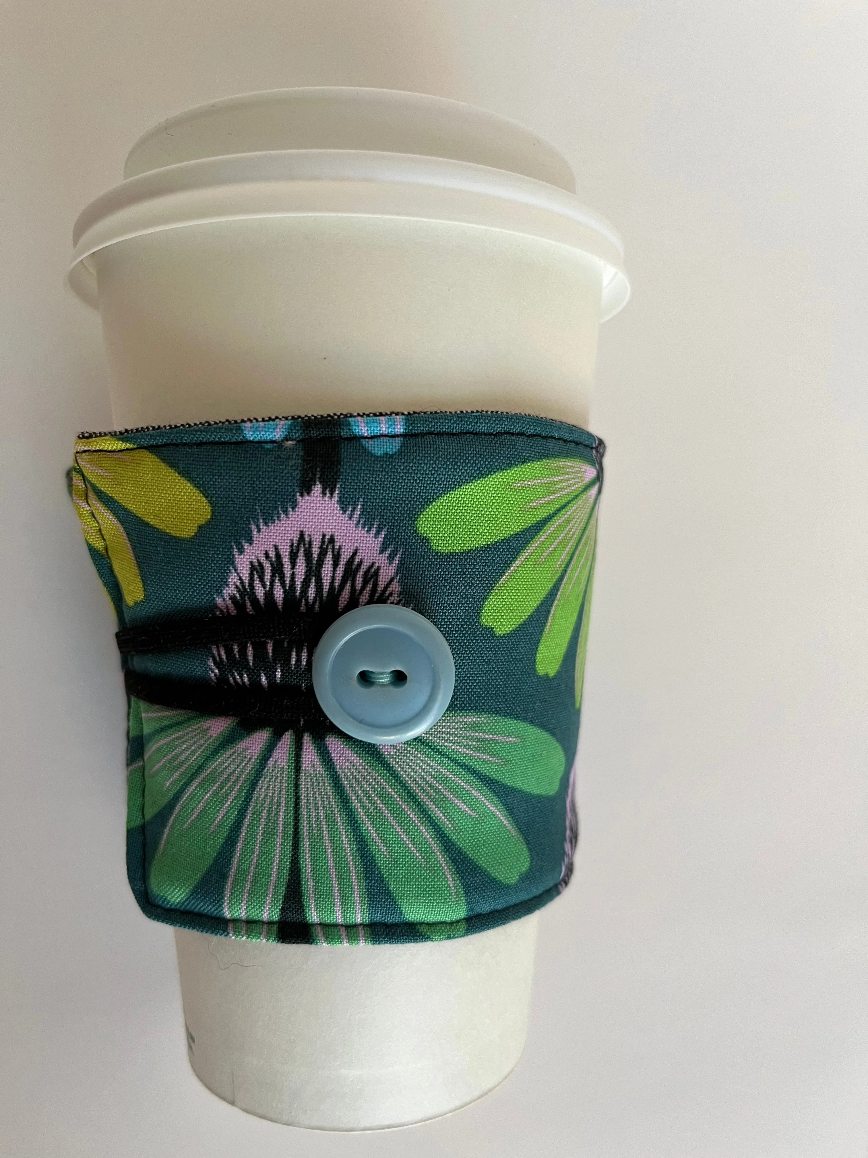 Teal Echinacea Flowers Coffee Cup Cozy, fabric coffee sleeve